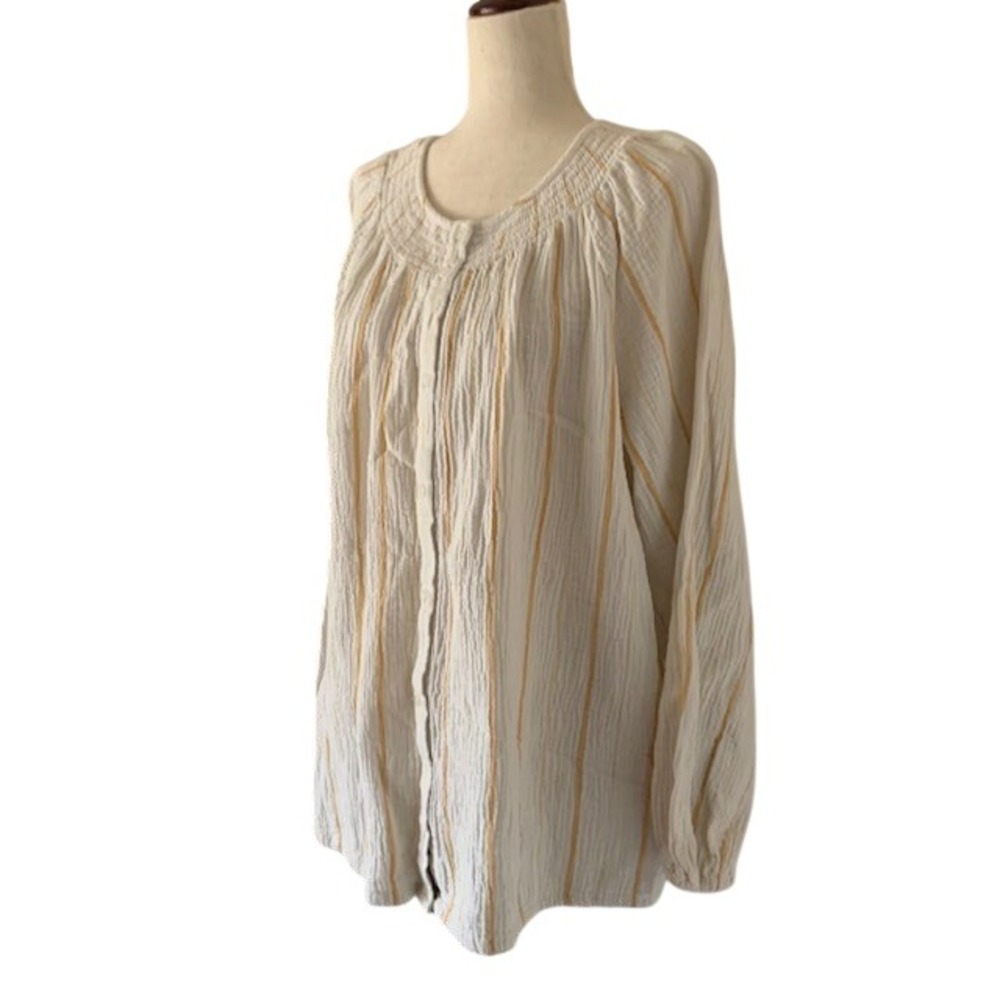 Yellow Striped Quilted Top 1X Cottagecore 100% Cotton Boho Coastal Blouse EUC